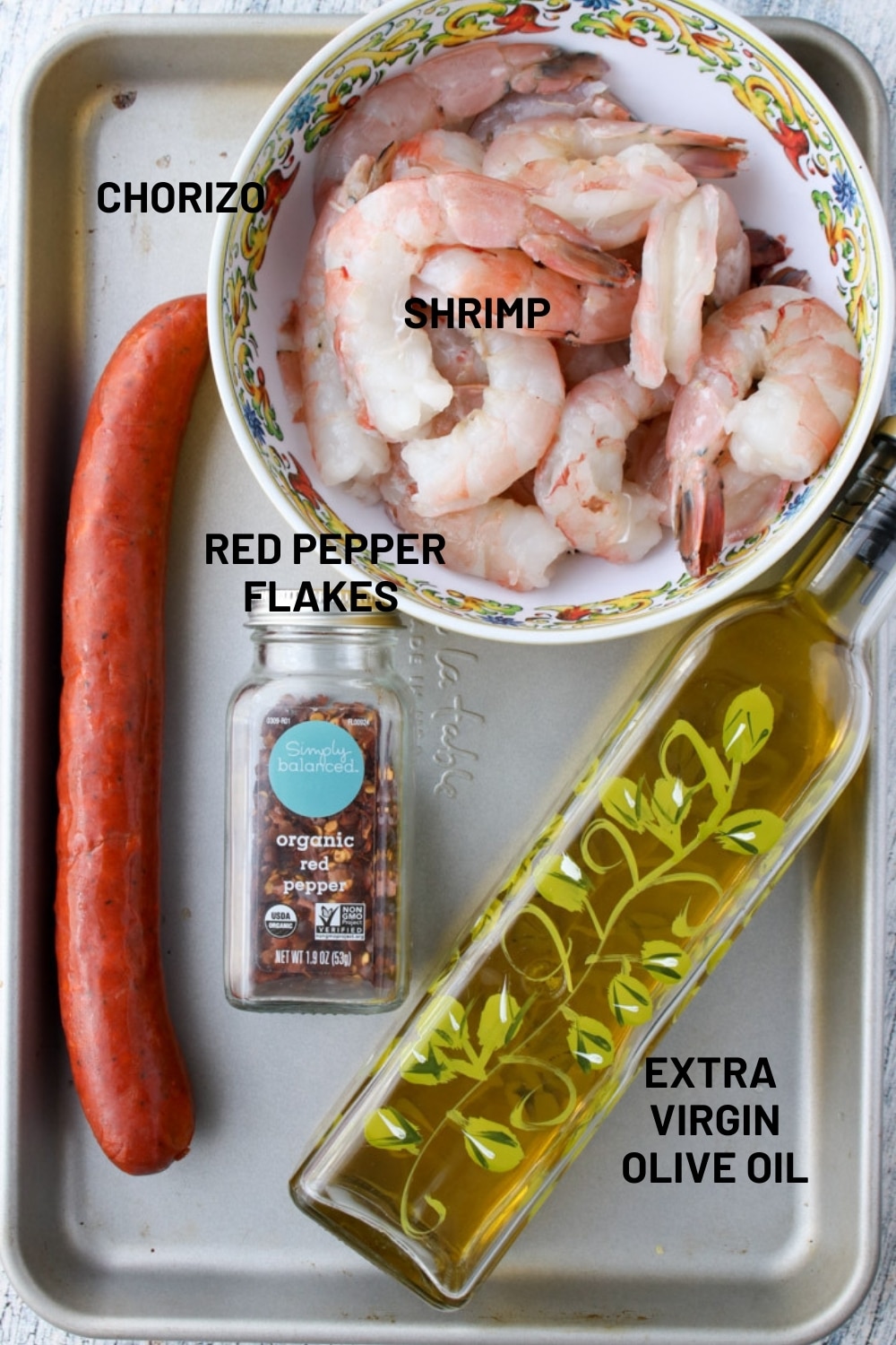 ingredients to make shrimp and chorizo skewers