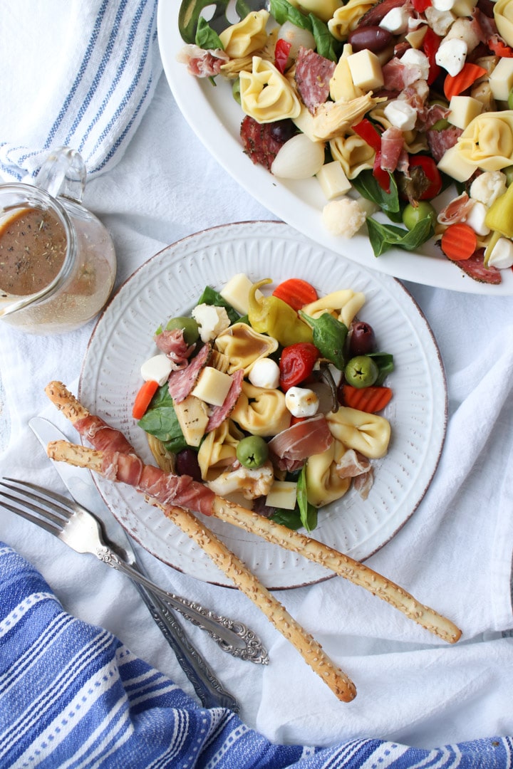 antipasto salad on a small round plate