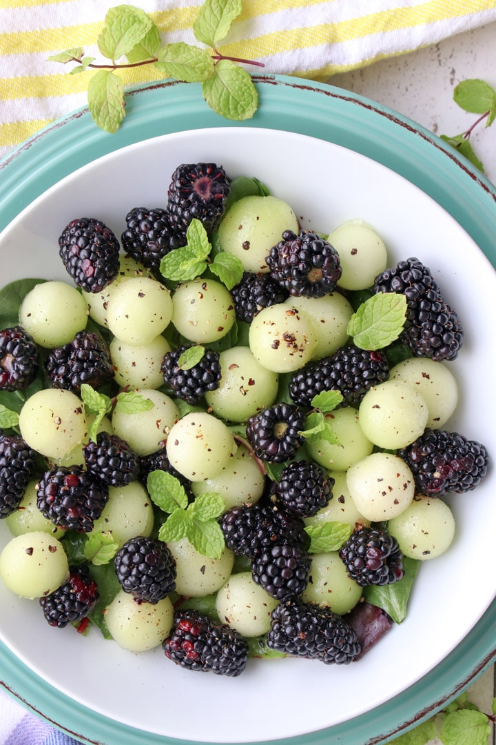 close up shot of the melon and blueberry salad