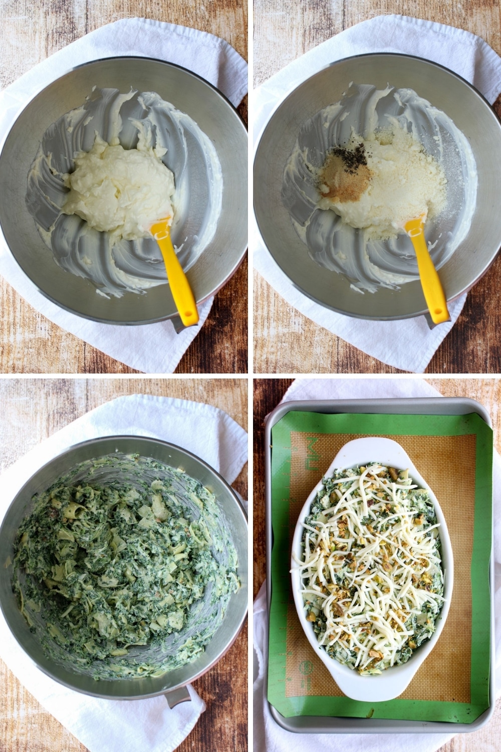 collage of how to make spinach artichoke dip