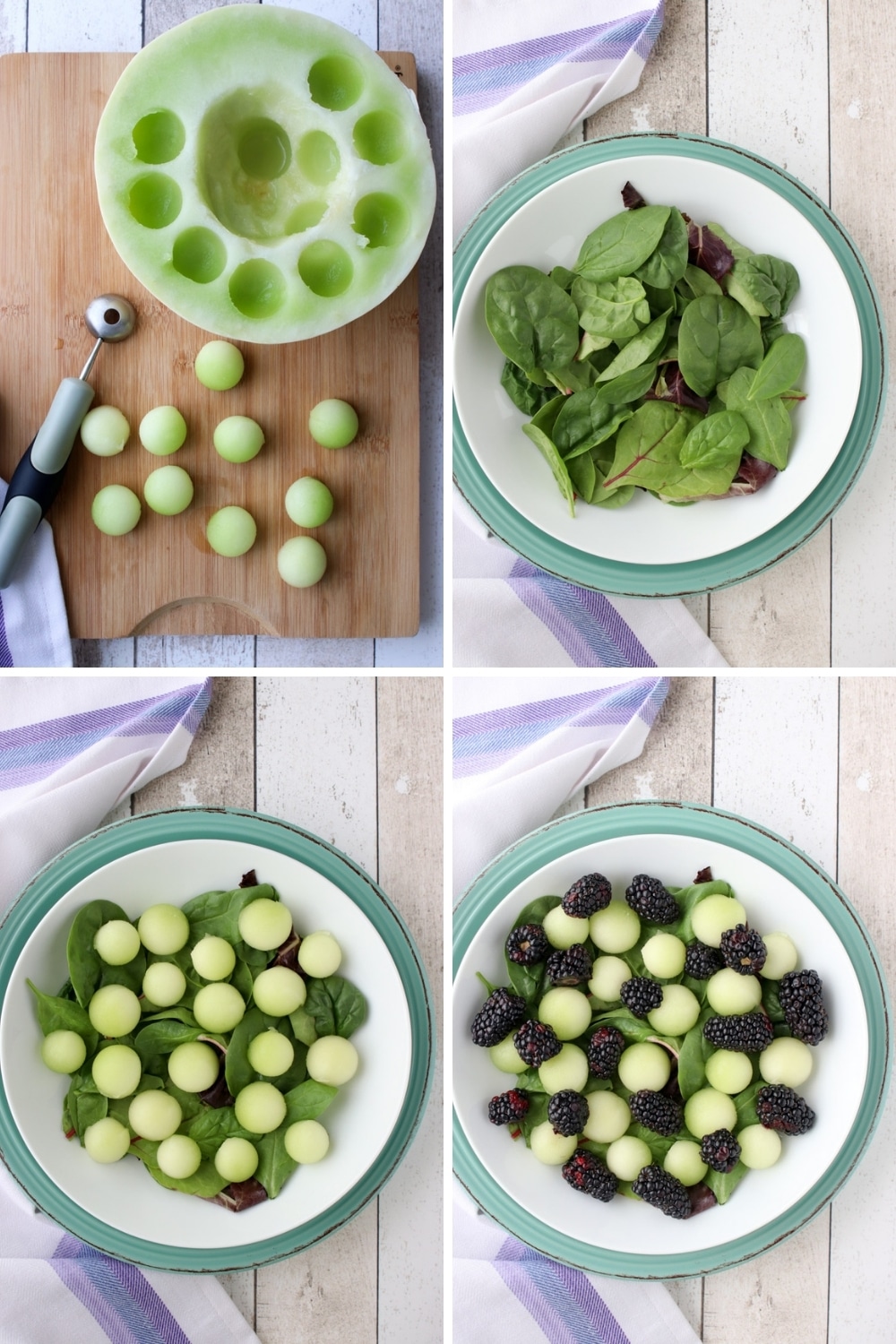 collage showing how to make blackberry melon salad