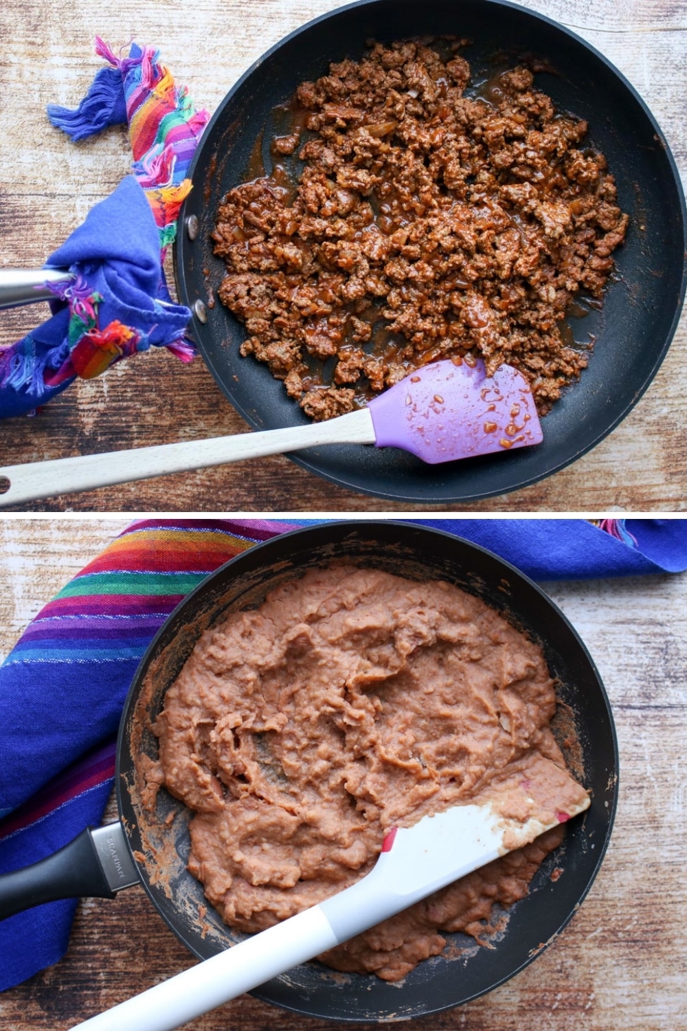 a photo of beef in a skillet and refried beans in a skillet