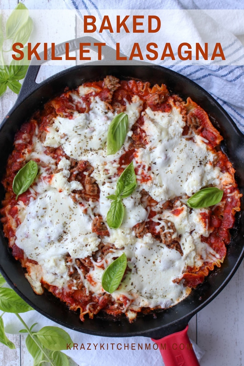 One-pan baked skillet lasagna is cheesy Italian comfort food. It's prepared in a skillet and baked to perfection. via @krazykitchenmom