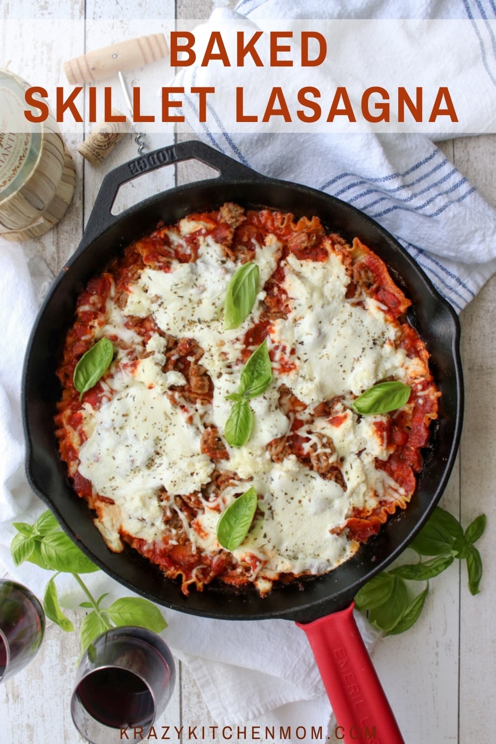 One-pan baked skillet lasagna is cheesy Italian comfort food. It's prepared in a skillet and baked to perfection. via @krazykitchenmom