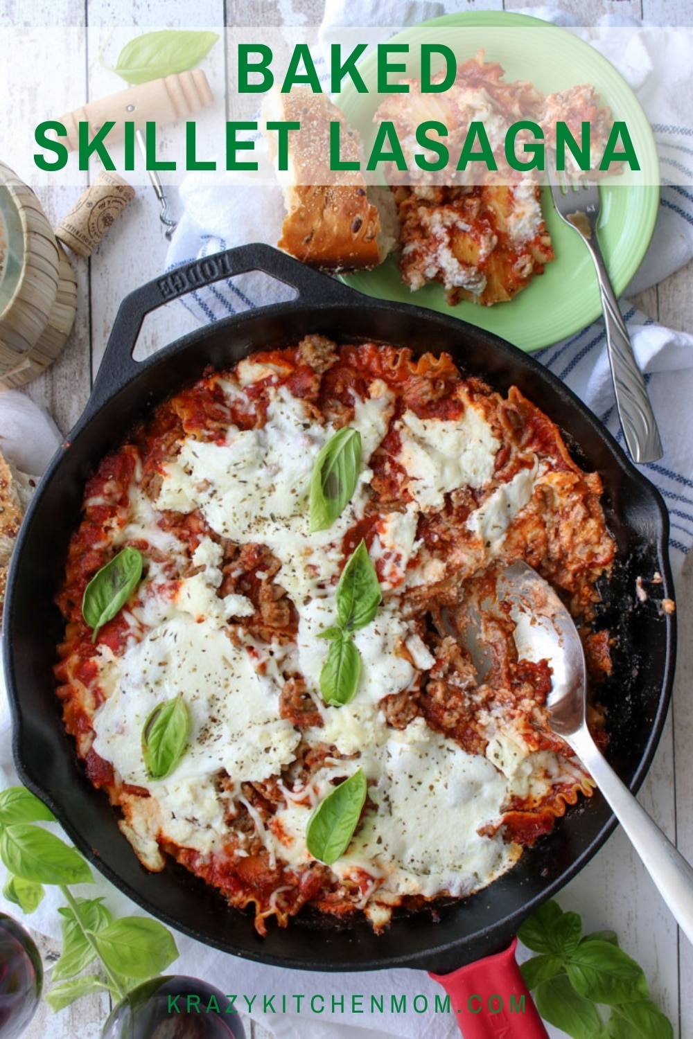 One-pan baked skillet lasagna is cheesy Italian comfort food. It's prepared in a skillet and baked to perfection. via @krazykitchenmom