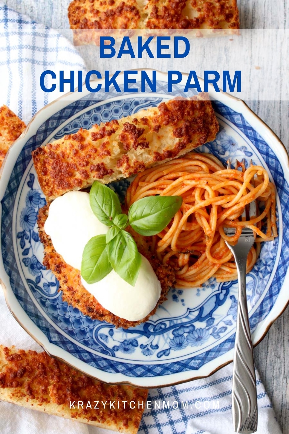 This is a healthier version of traditional chicken parmesan because it's baked and not fried. The chicken is crispy on the outside and moist and tender on the inside.  via @krazykitchenmom