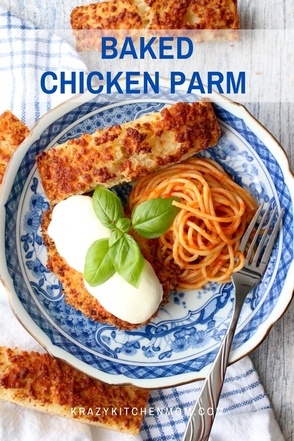This is a healthier version of traditional chicken parmesan because it's baked and not fried. The chicken is crispy on the outside and moist and tender on the inside.  via @krazykitchenmom