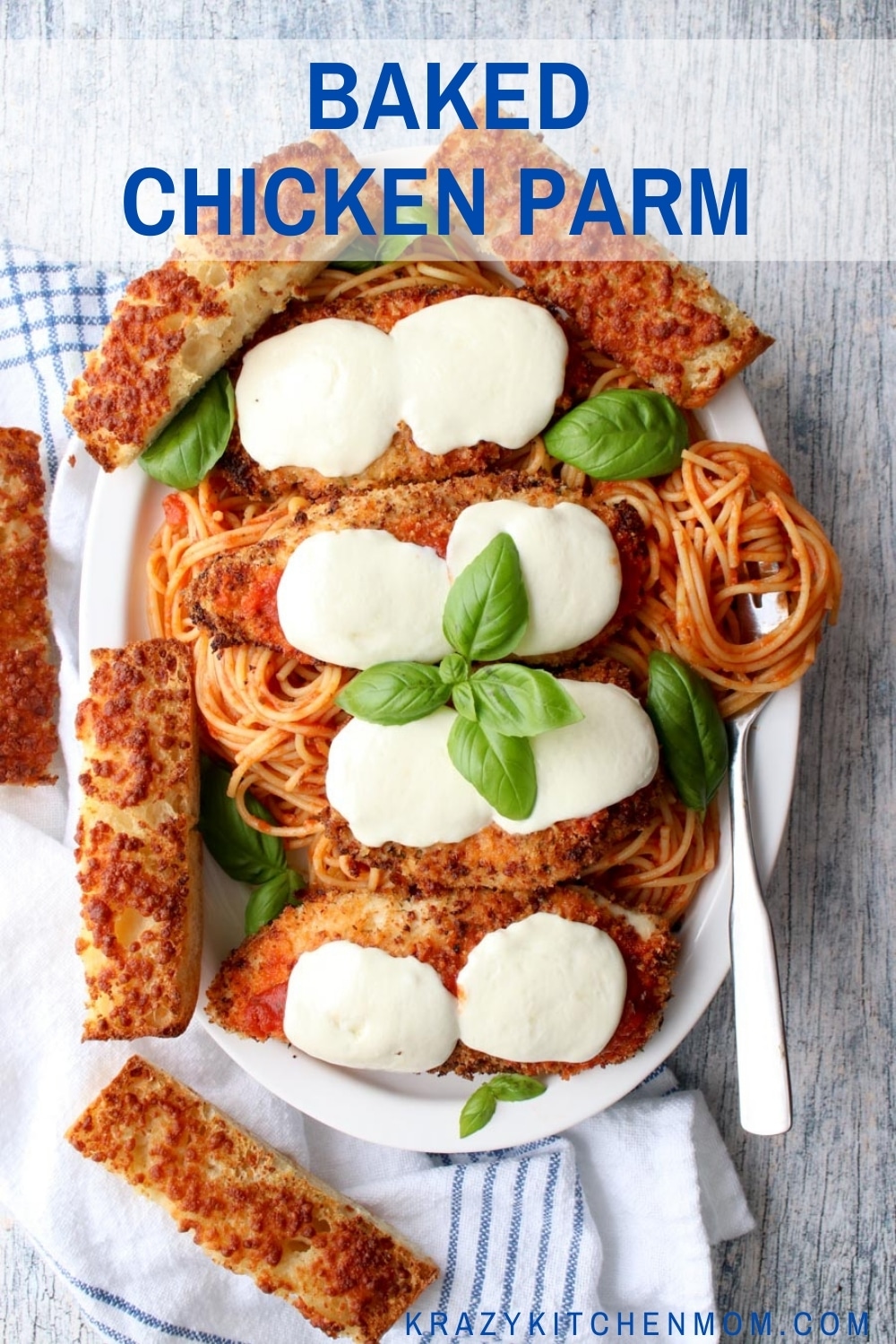 This is a healthier version of traditional chicken parmesan because it's baked and not fried. The chicken is crispy on the outside and moist and tender on the inside.  via @krazykitchenmom