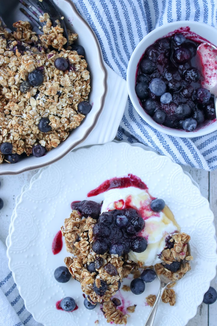 close up shot of a slice of baked blueberry oatmeal