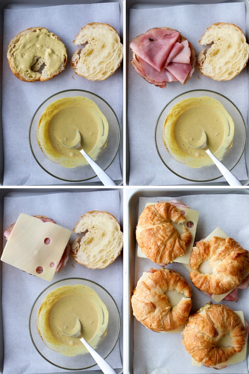 four photo collage showing how to assemble ham and cheese croissant 