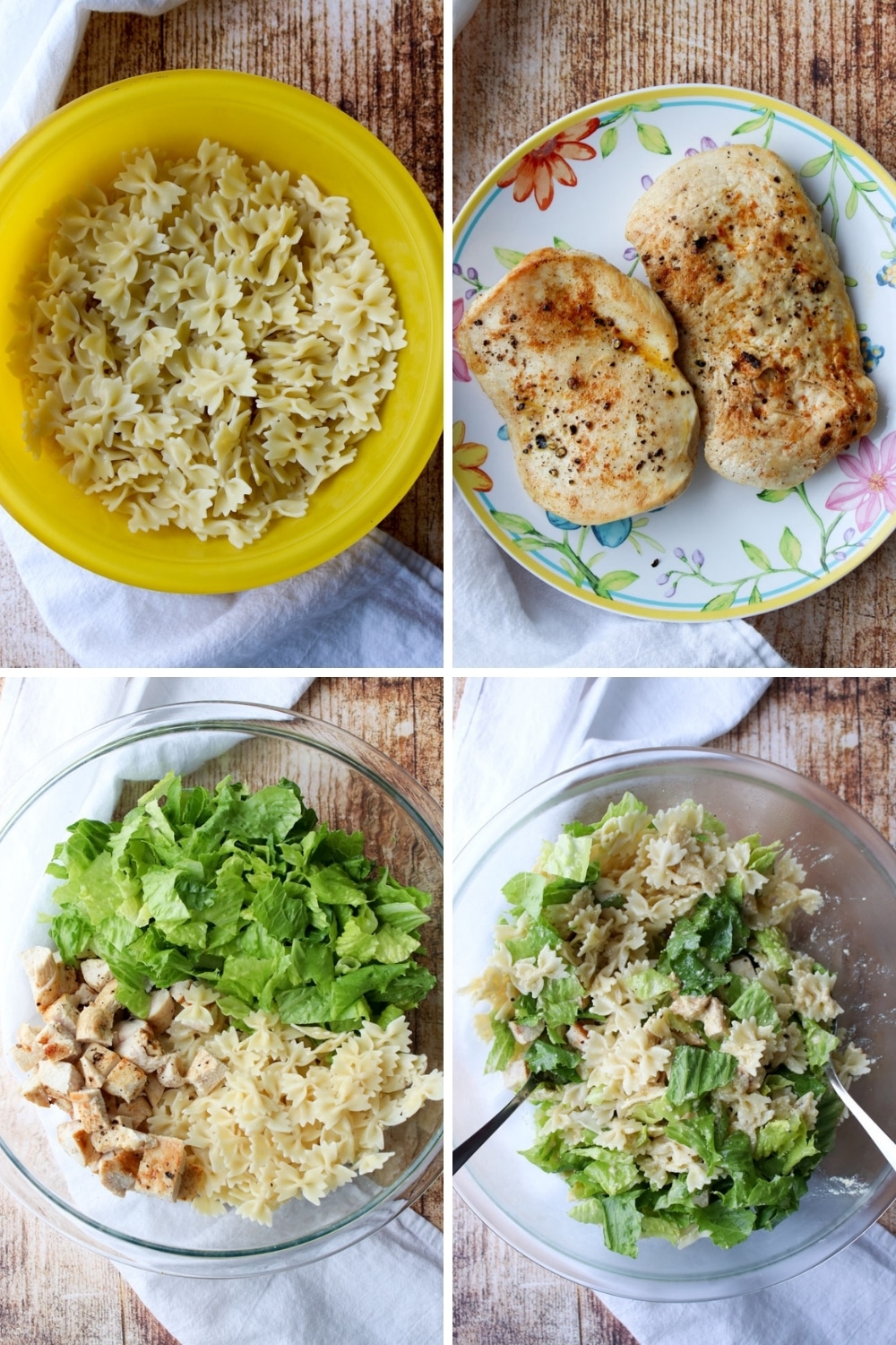 Collage showing how to make chicken caesar pasta salad