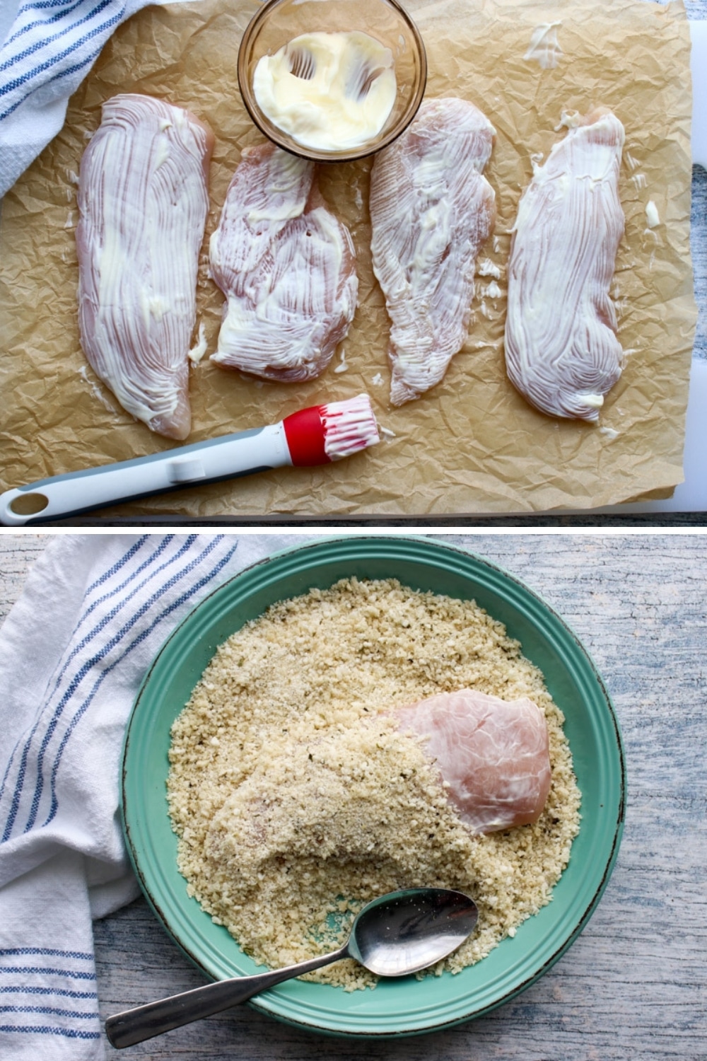 two photos showing how to add mayo and bread crumbs to chicken breasts