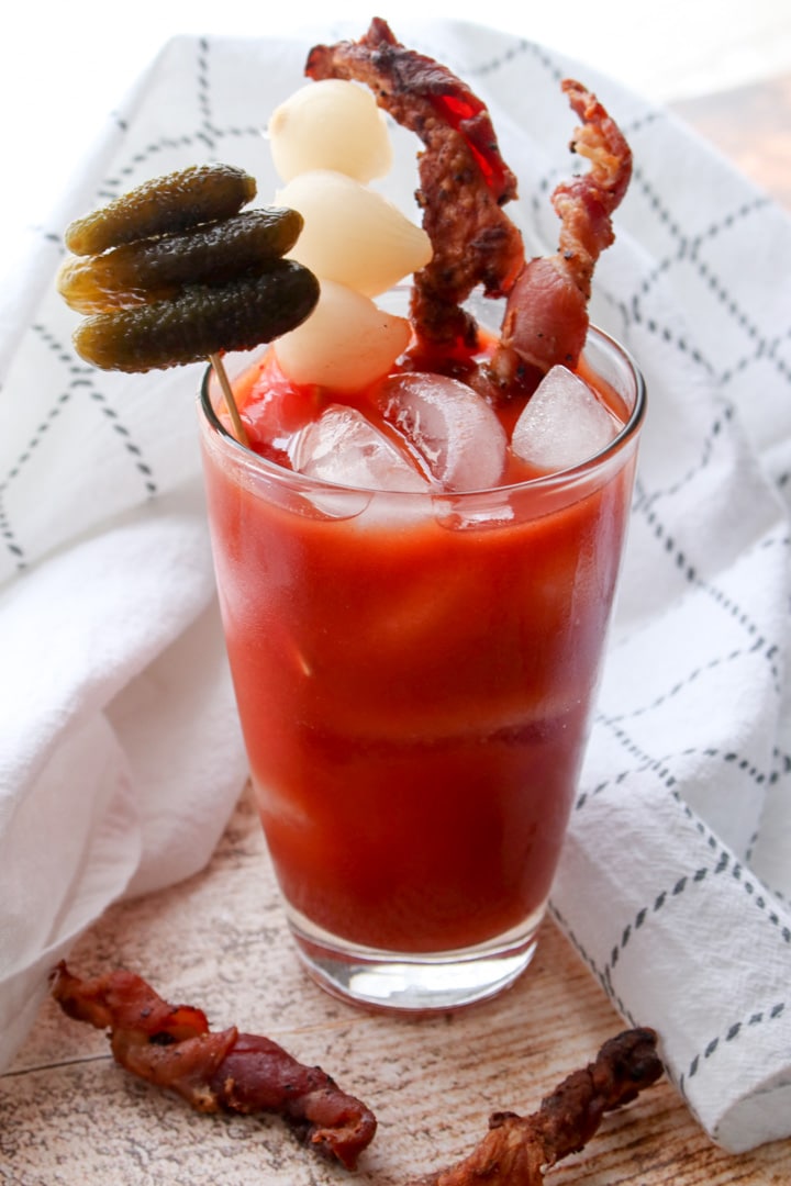 Bloody Mary with bacon, onions and pickles