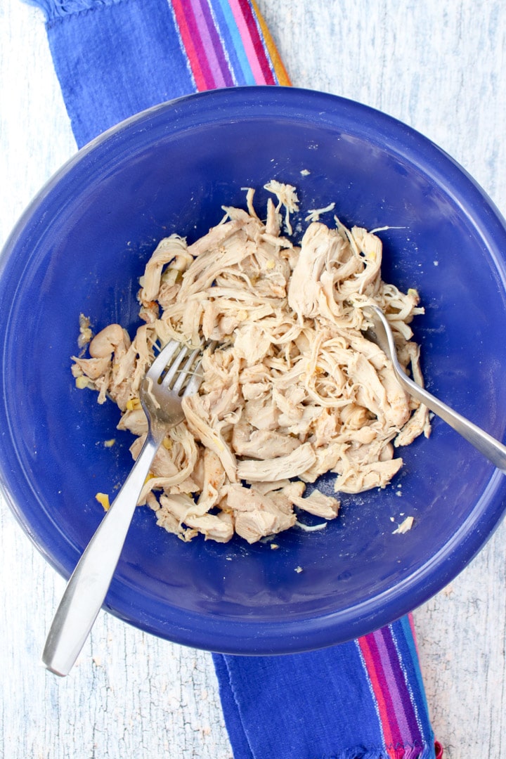 blue bowl with shredded chicken and two forks