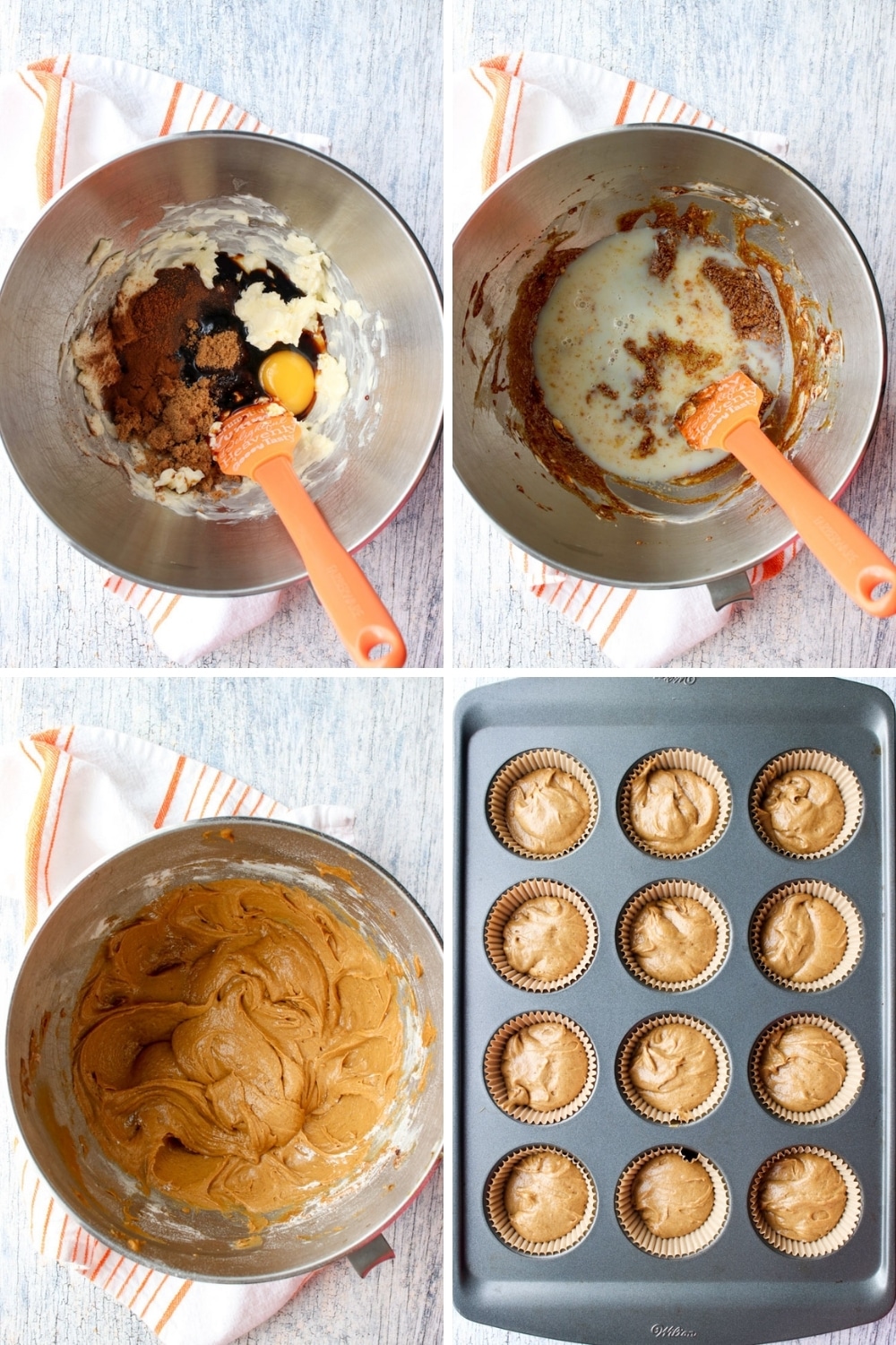four photos showing steps for mixing cupcake batter