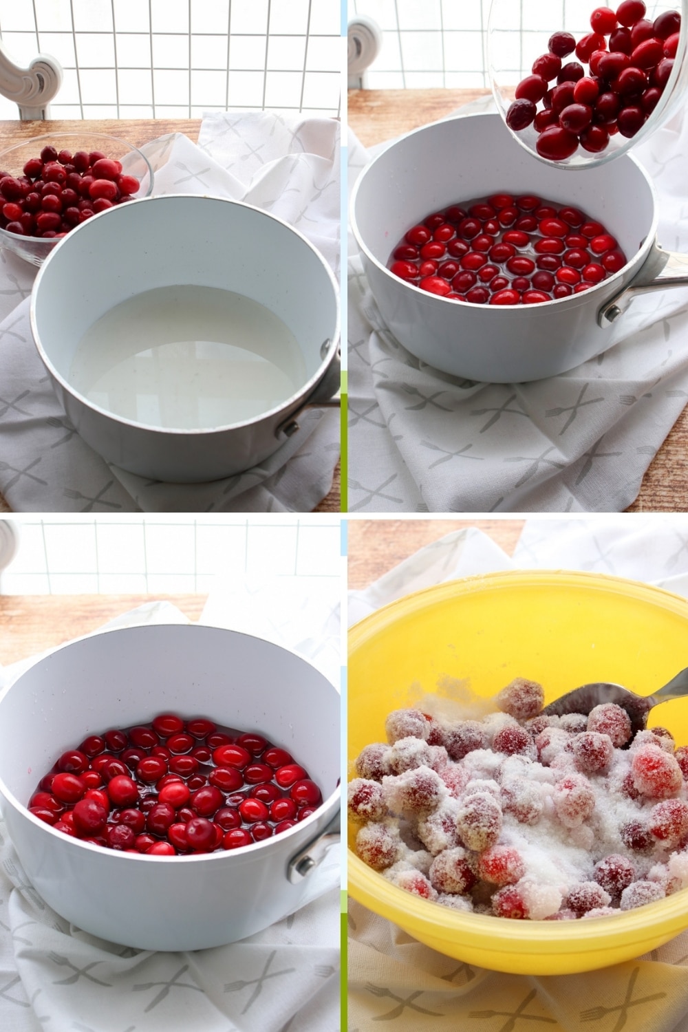 photo collage showing how to make sugared cranberries