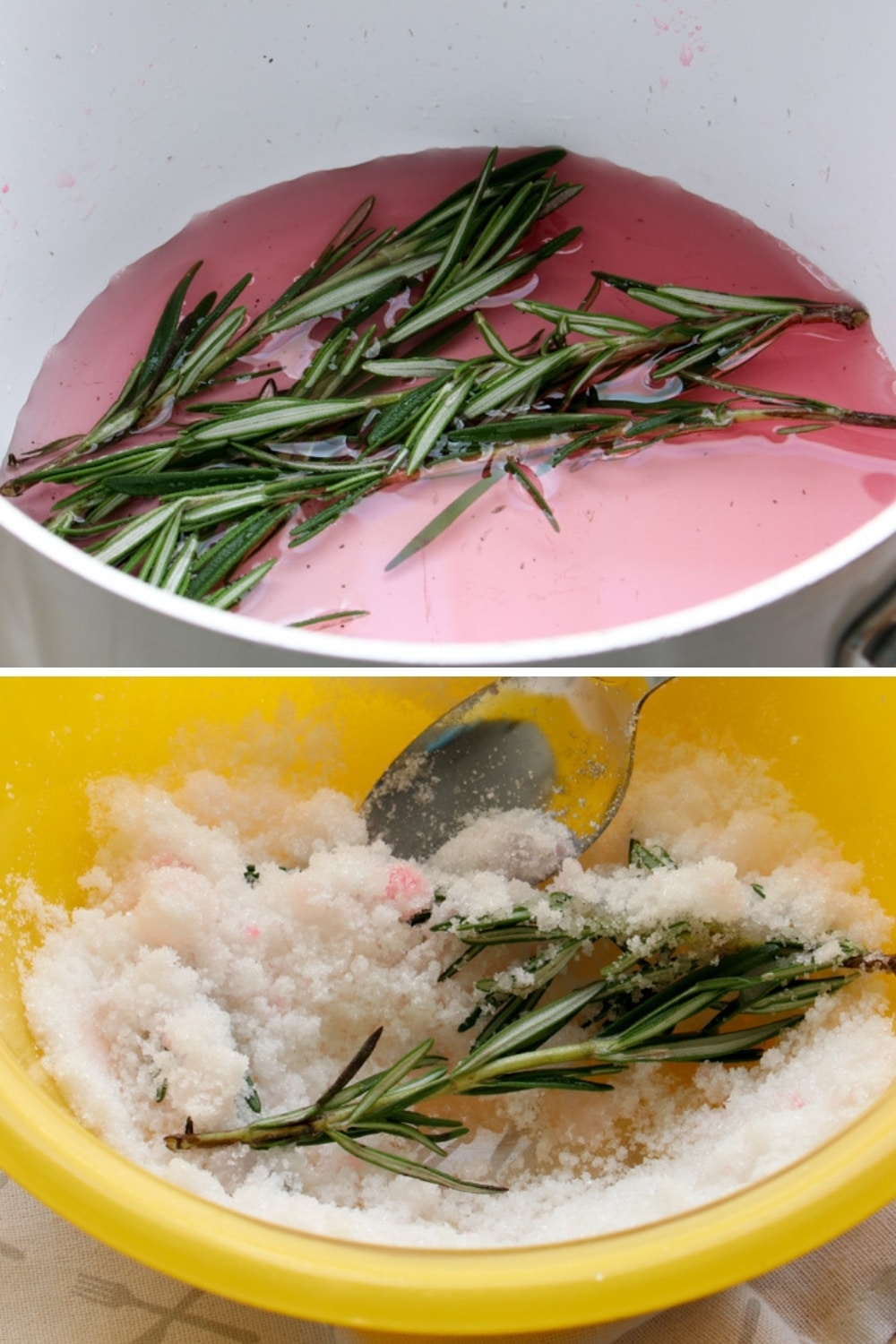 two shots showing how to make sugared rosemary sprigs