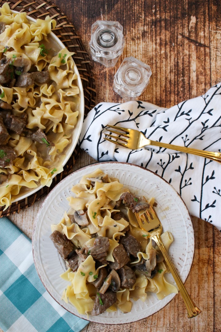 plate of stroganoff with the serving dish