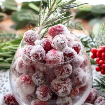 Round glass filled with sugared cranberries and 1 sugared rosemary sprig. Glass surrounded by greens