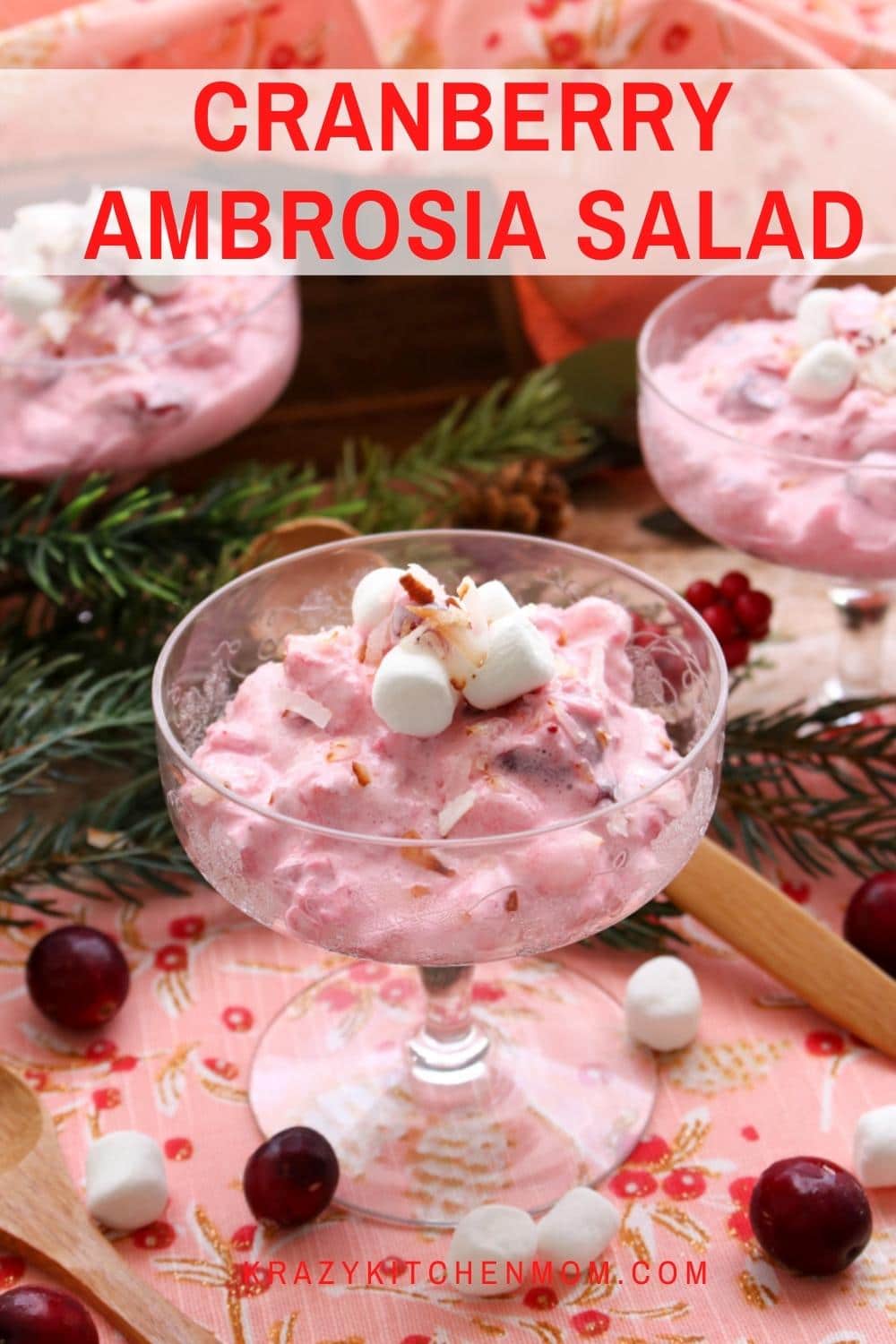 Cranberry Ambrosia is a holiday twist on a classic 1950's ambrosia salad using fresh cranberries and pineapple rather than a canned fruit cocktail.  via @krazykitchenmom