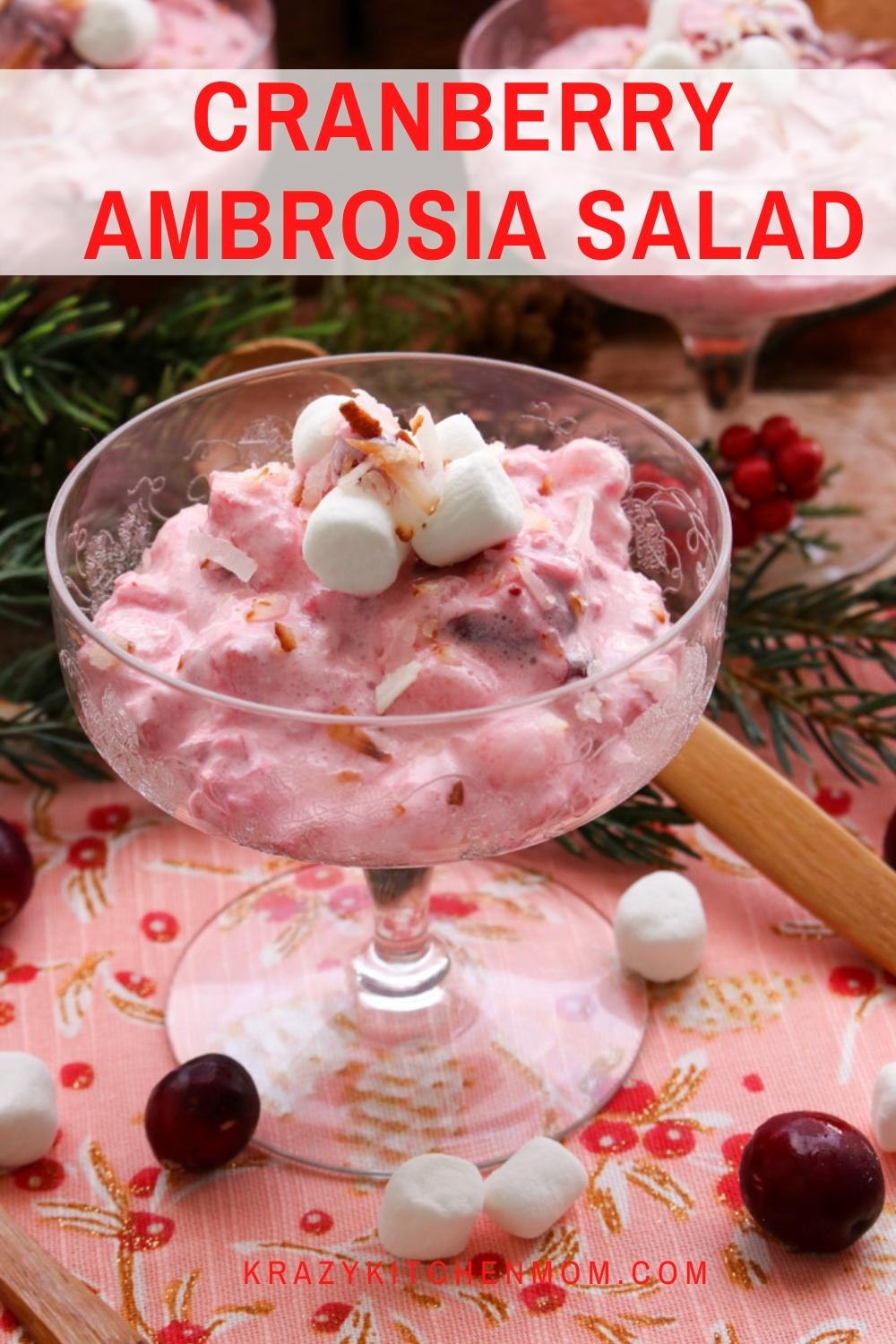 Cranberry Ambrosia is a holiday twist on a classic 1950's ambrosia salad using fresh cranberries and pineapple rather than a canned fruit cocktail.  via @krazykitchenmom