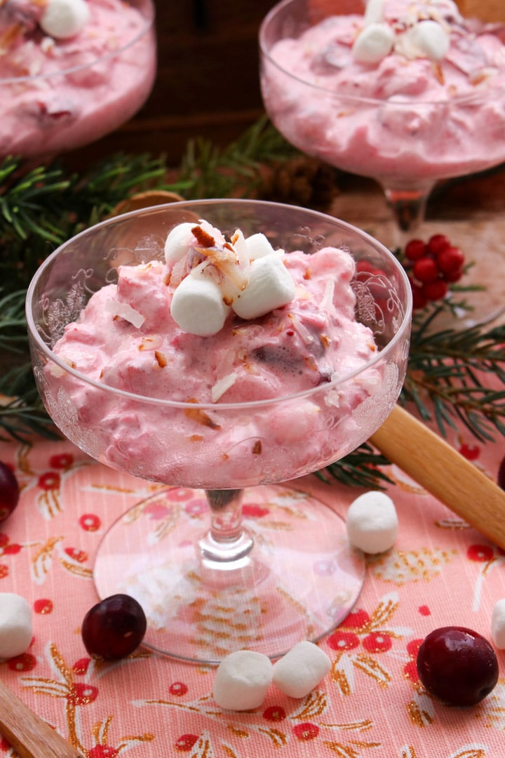 Decorative dish with pink cranberry fruit salad