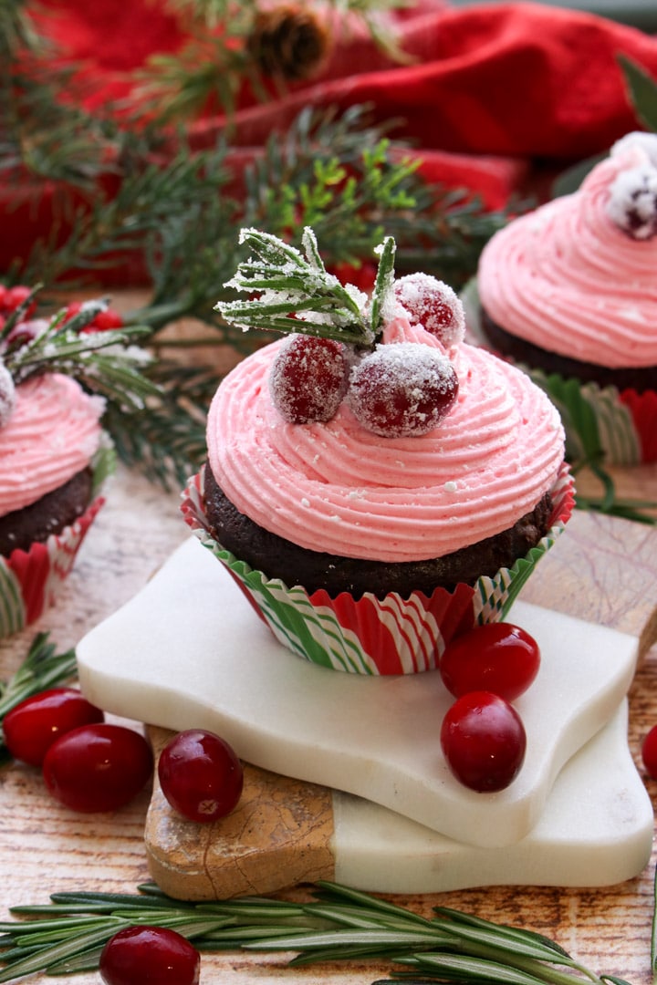 chocolate cupcake topped with pink cranberry frosting, sugared cranberries, and a sprig of rosemary