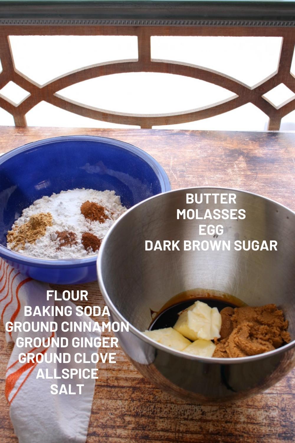 Two bowls filled with ingredients to make gingerbread cookies