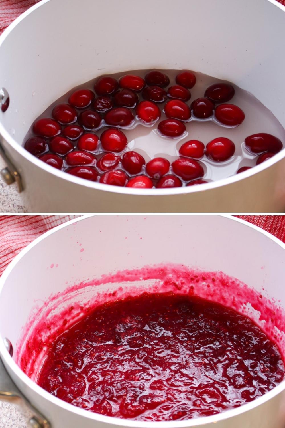 cranberries in a white pot and cooked cranberries in a white pot