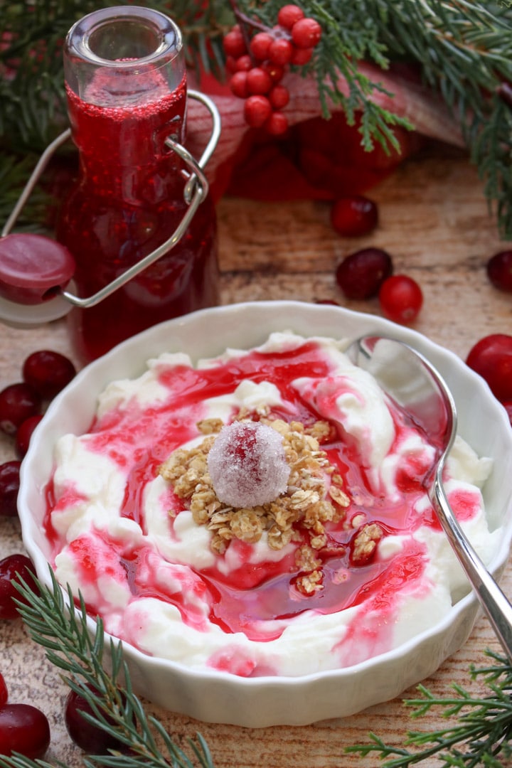 bowl of Greek yogurt with a swirl of cranberry syrup with a bottle syrup in the backgound