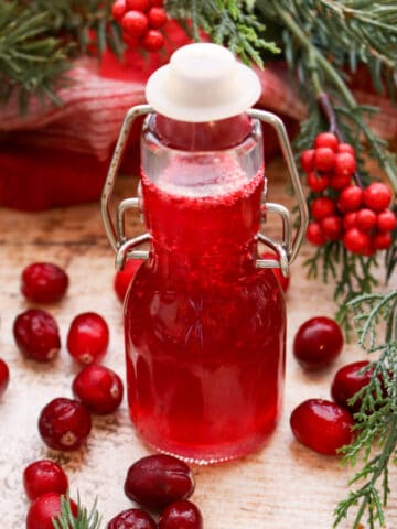 BOTTLE OF CRANBERRY SYRUP WITH FRESH CRANBERRIES AND WINTER GREENS IN BACKGROUND