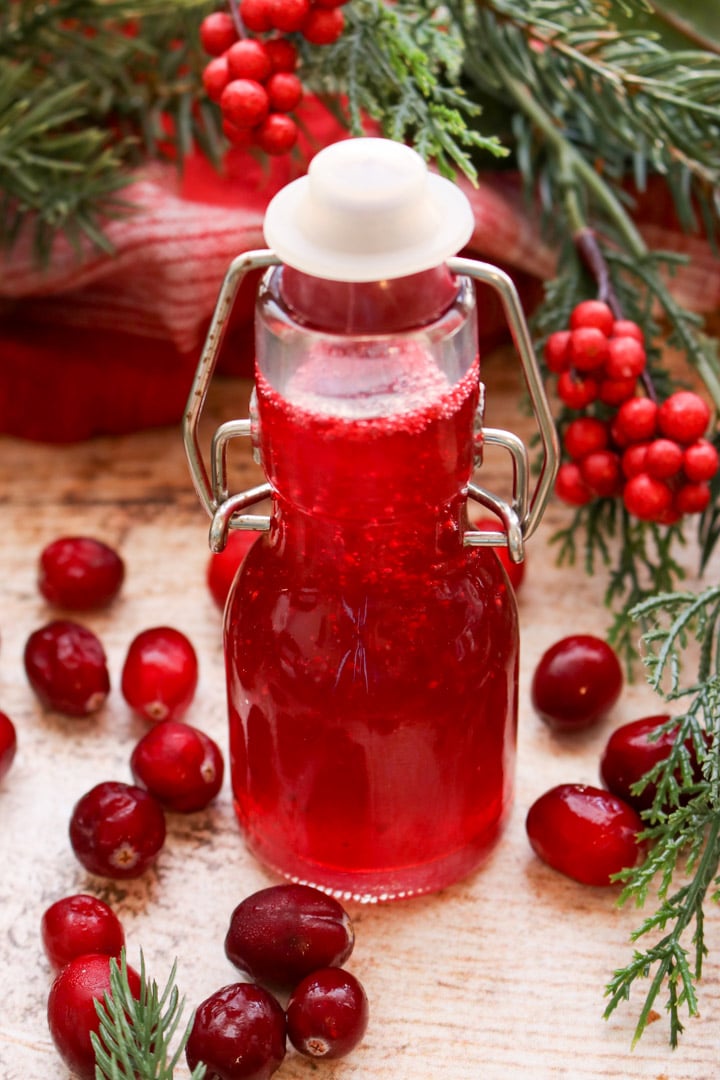 BOTTLE OF CRANBERRY SYRUP WITH FRESH CRANBERRIES AND WINTER GREENS IN BACKGROUND