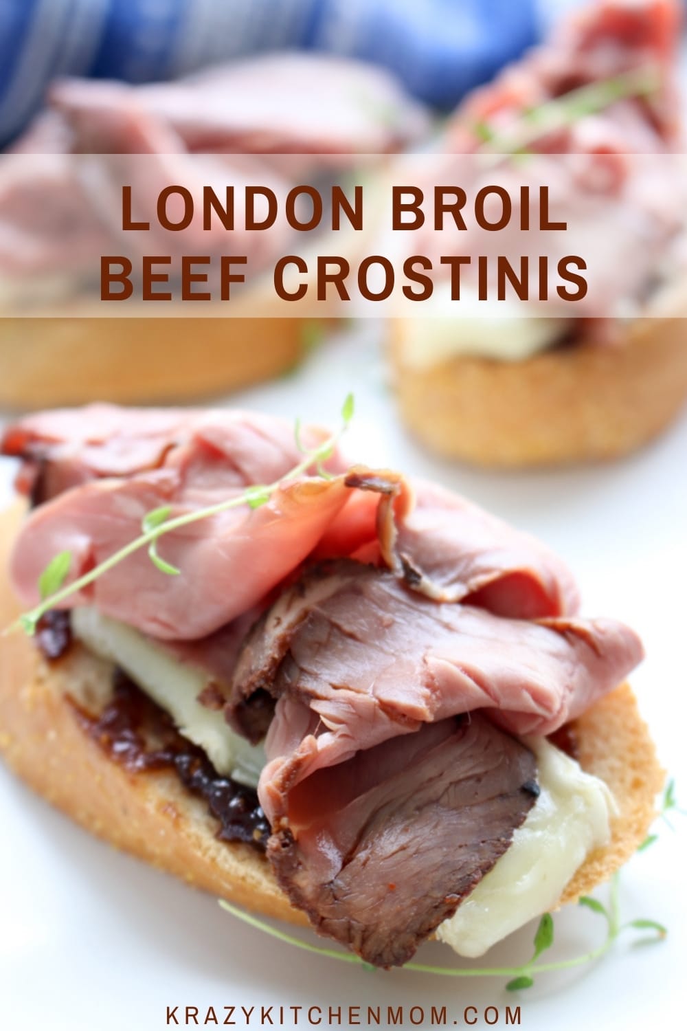 An impressive appetizer for the holidays or any time of the year. Tender London Broil slices with savory fig jam, and brie cheese on small crunch toast. via @krazykitchenmom