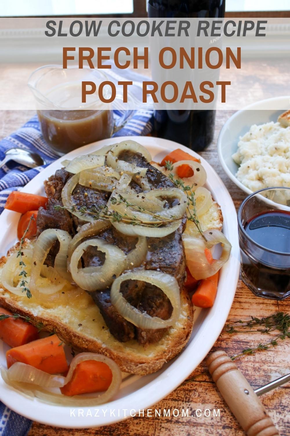 This pot roast has all of our favorite french onion soup flavors in a hearty ware Sunday dinner. Comfort food at its finest.  via @krazykitchenmom