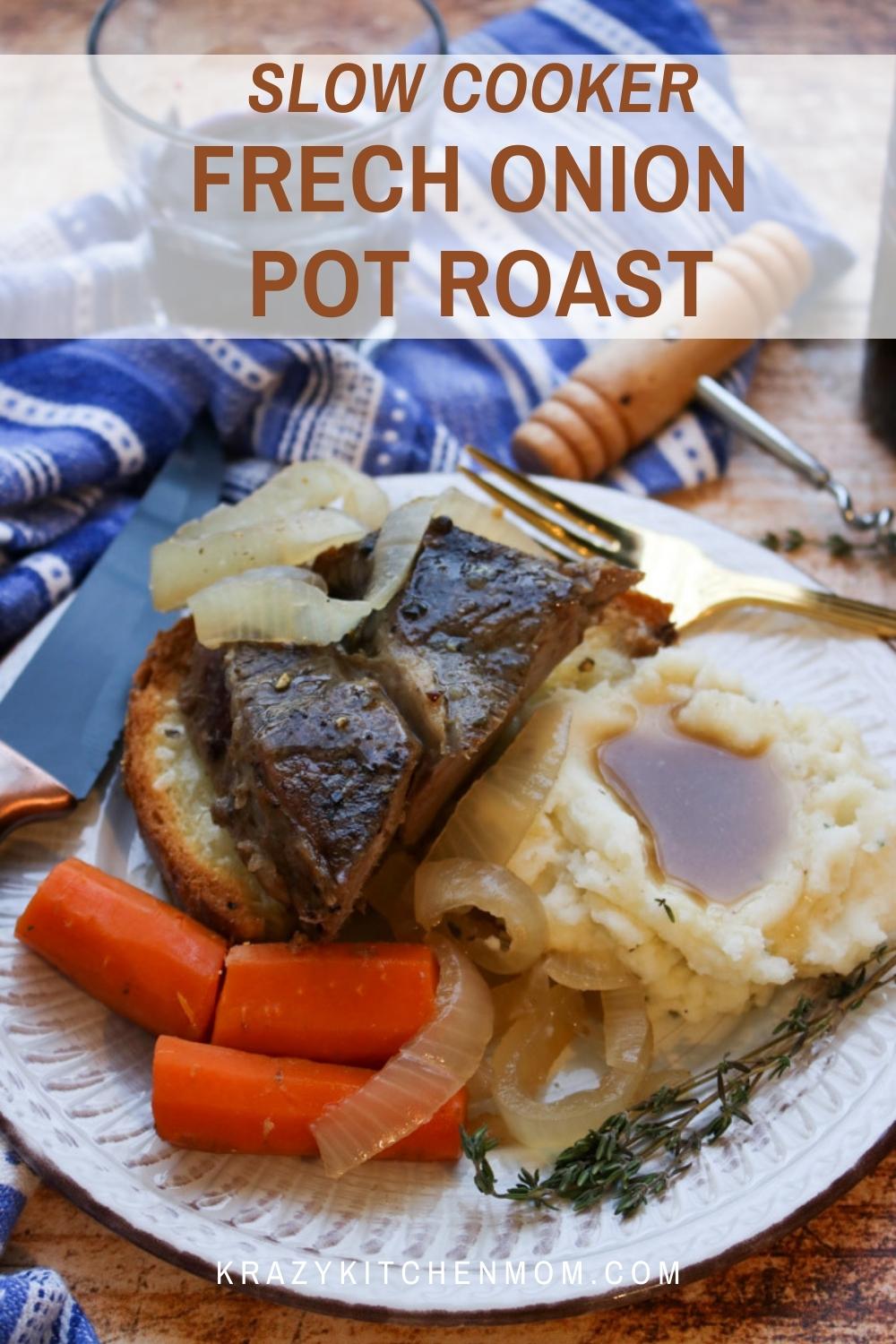 This pot roast has all of our favorite french onion soup flavors in a hearty ware Sunday dinner. Comfort food at its finest.  via @krazykitchenmom