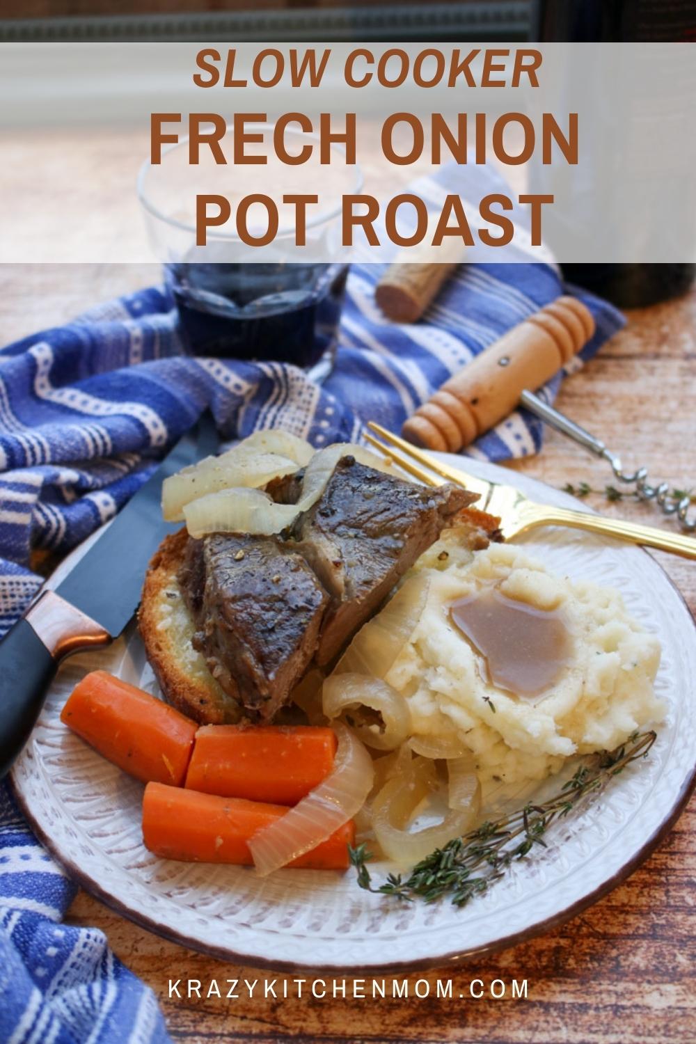 This pot roast has all of our favorite french onion soup flavors in a hearty ware Sunday dinner. Comfort food at its finest.  finest.  via @krazykitchenmom