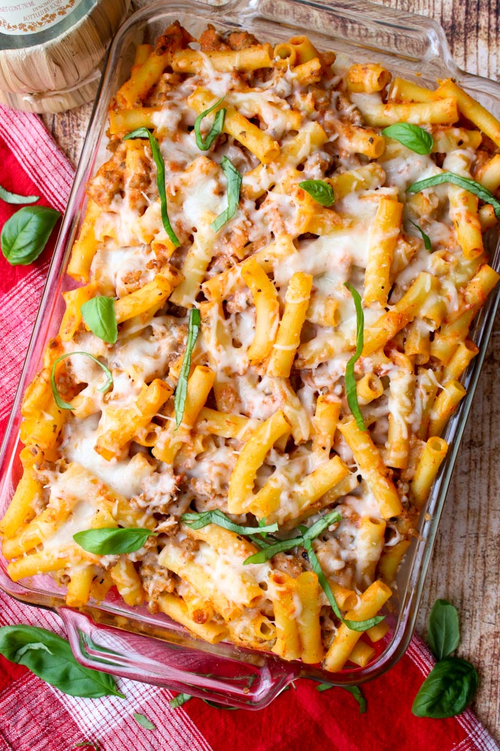 overhead shot of a casserole dish filled with baked ziti