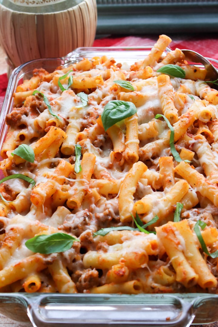 shot of casserole of baking ziti