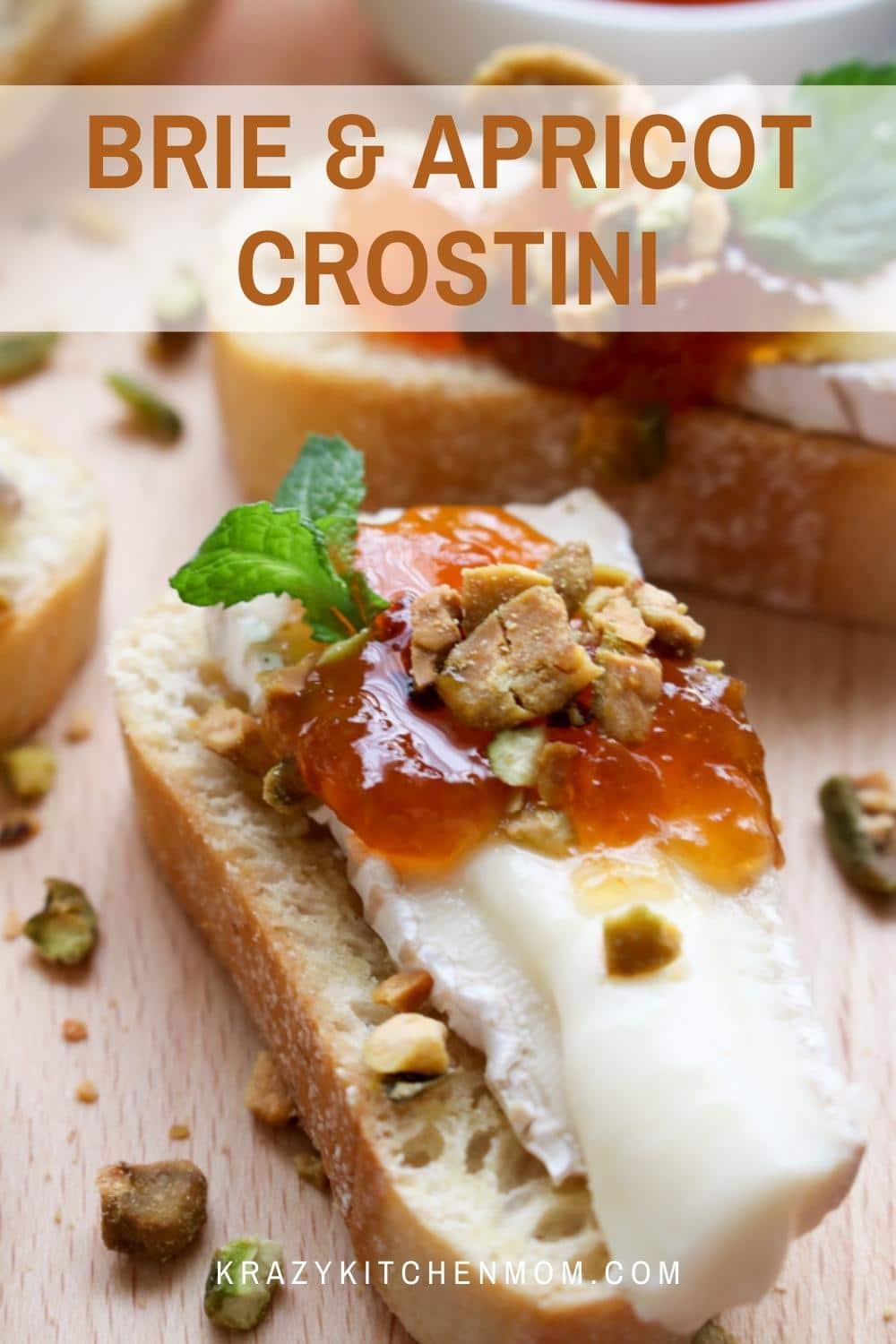 Brie Apricot Pistachio Crostini is an easy hand-held crowd-pleasing appetizer that transforms a simple slice of toasted baguette into an irresistible classy party appetizer. via @krazykitchenmom