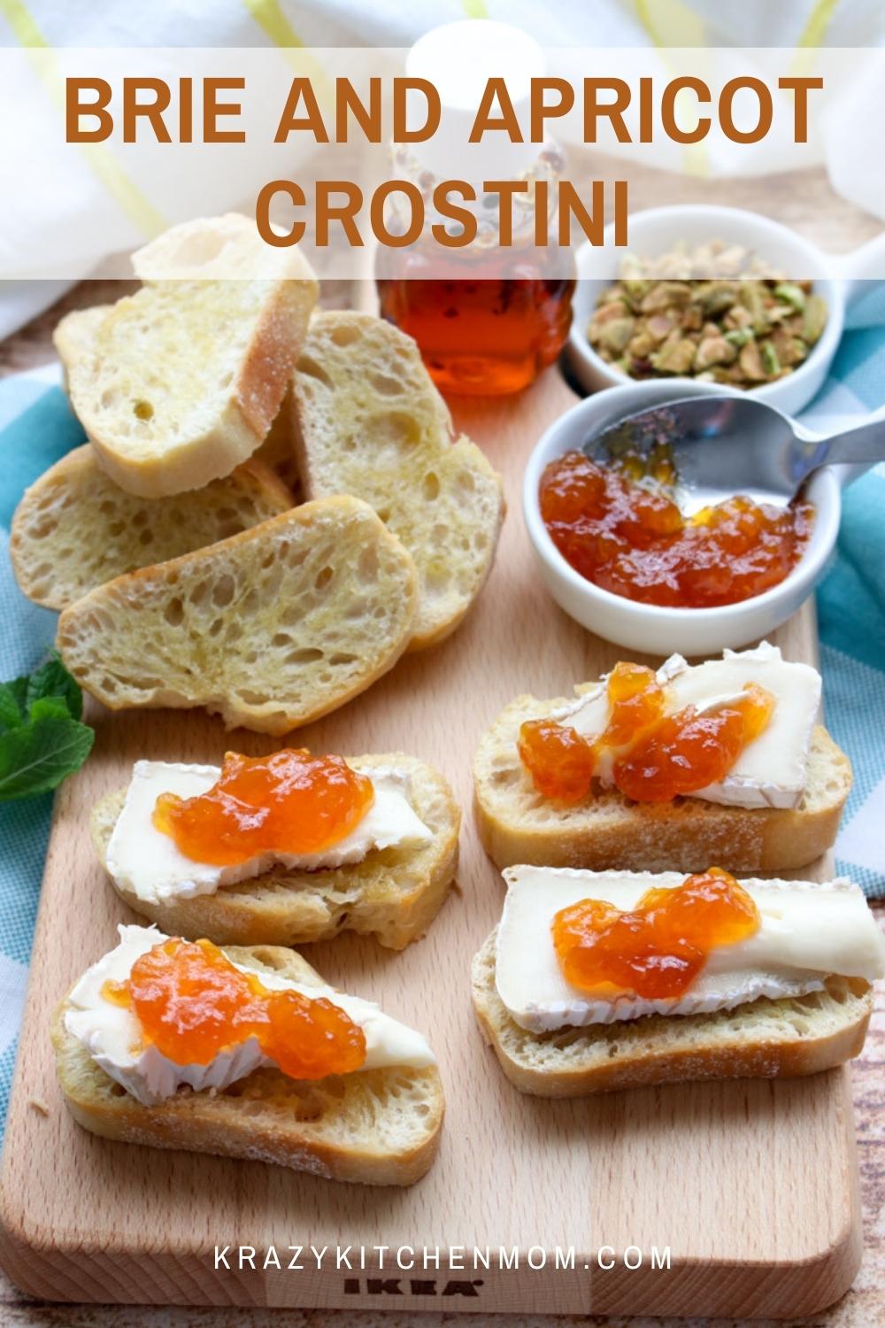 Brie Apricot Pistachio Crostini is an easy hand-held crowd-pleasing appetizer that transforms a simple slice of toasted baguette into an irresistible classy party appetizer. via @krazykitchenmom