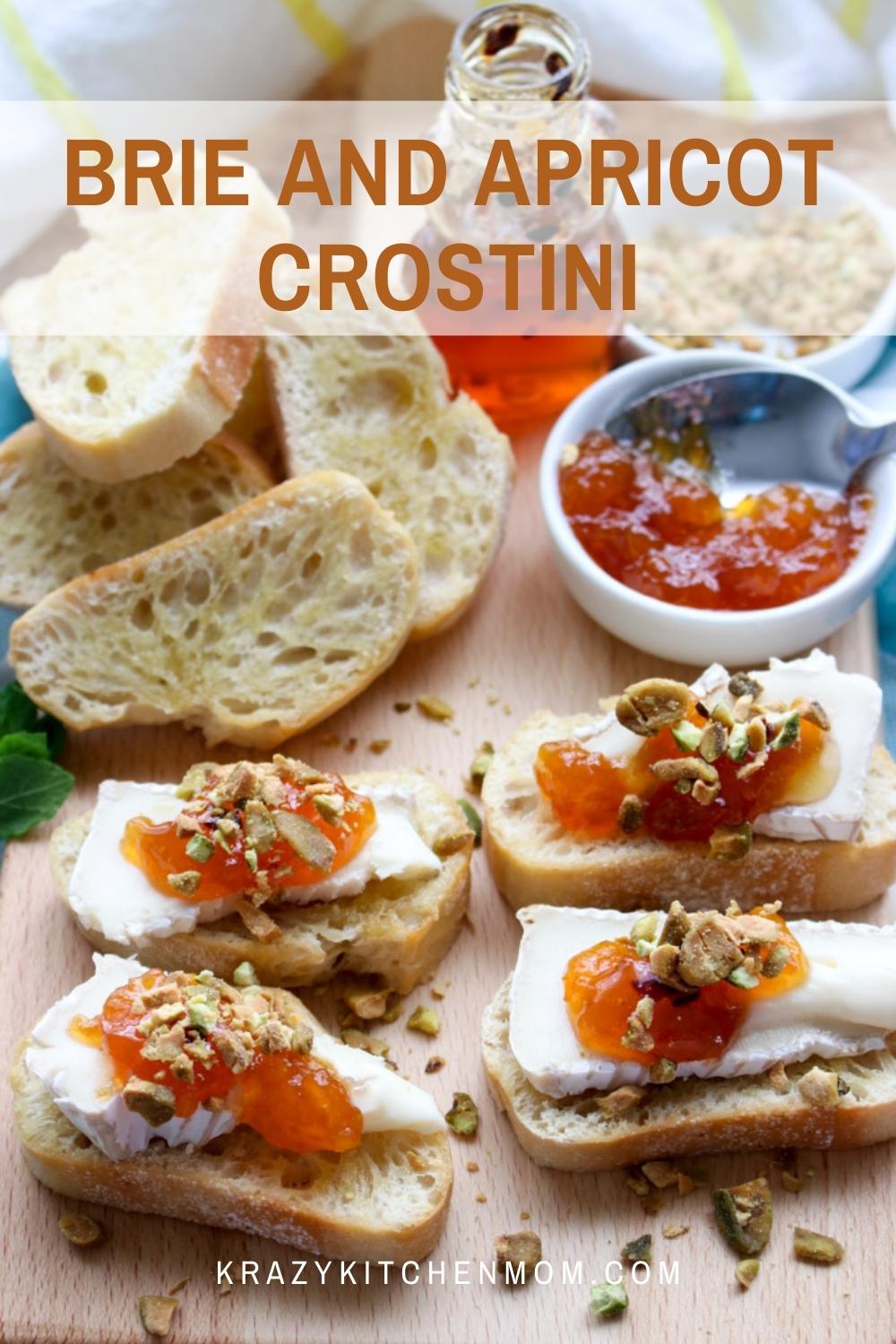 Brie Apricot Pistachio Crostini is an easy hand-held crowd-pleasing appetizer that transforms a simple slice of toasted baguette into an irresistible classy party appetizer. via @krazykitchenmom