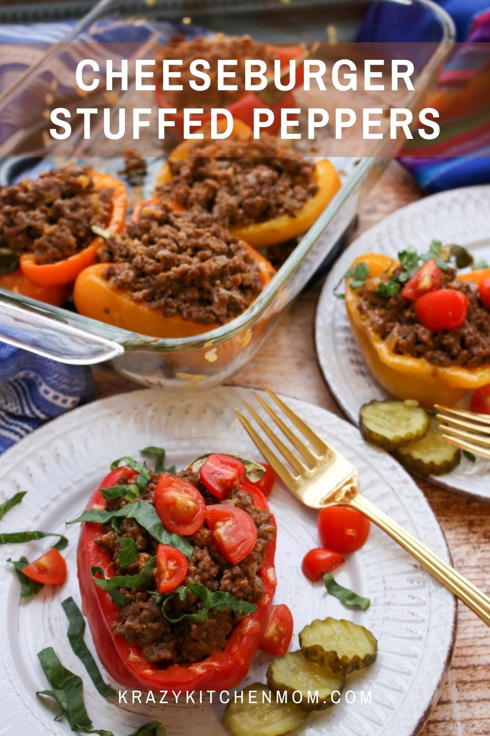 Cheeseburger Stuffed Peppers are a great low-carb alternative to a traditional cheeseburger. All of what you expect in a cheeseburger without the bun. via @krazykitchenmom