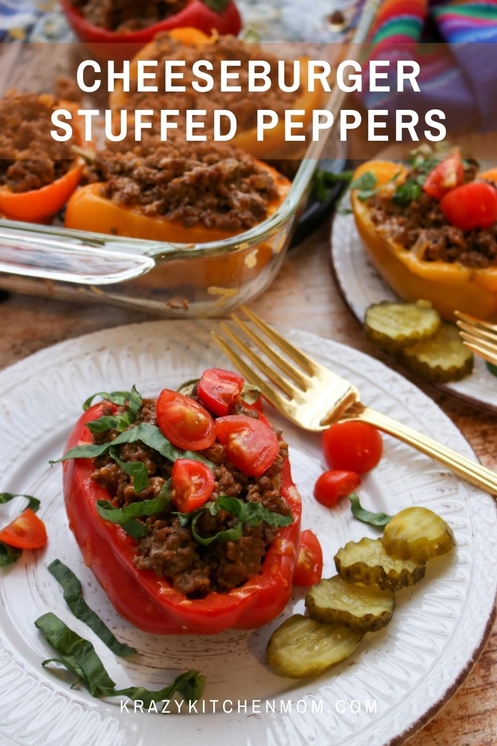 Cheeseburger Stuffed Peppers are a great low-carb alternative to a traditional cheeseburger. All of what you expect in a cheeseburger without the bun. via @krazykitchenmom