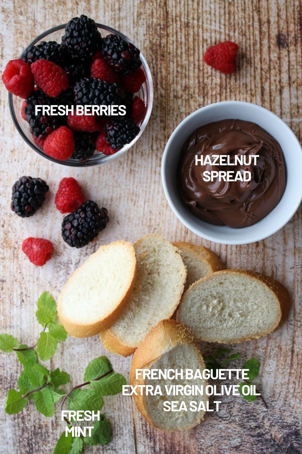 wooden board with ingredients to make hazelnut bruschetta