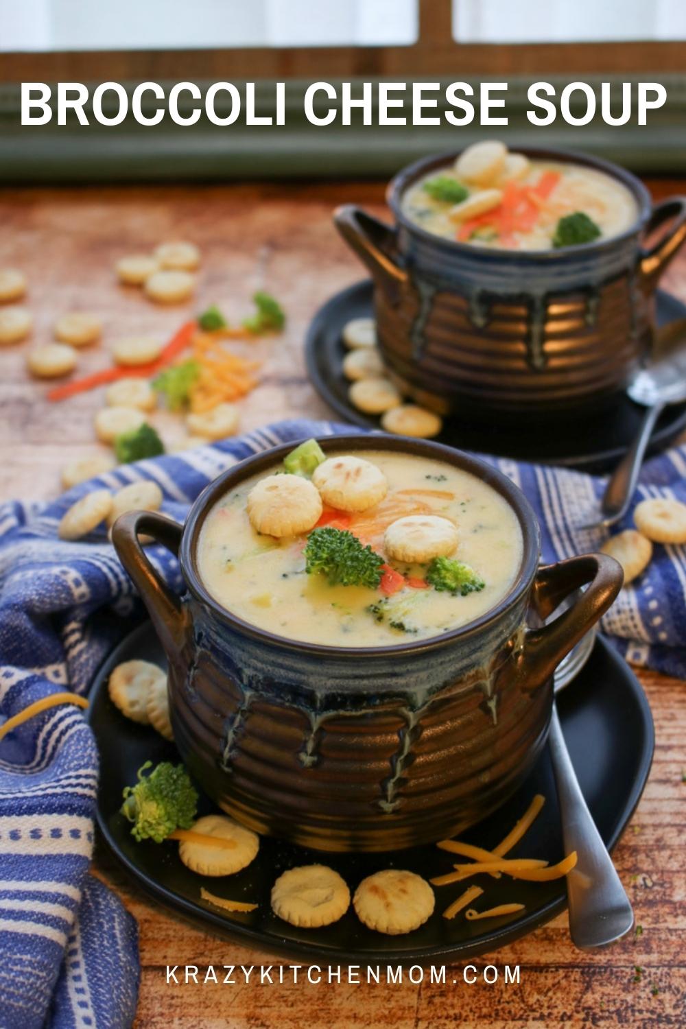 People-pleasing Homemade Broccoli Cheese Soup is ready in less than 30 minutes. It's cheesy and creamy, filled with broccoli and carrots. via @krazykitchenmom