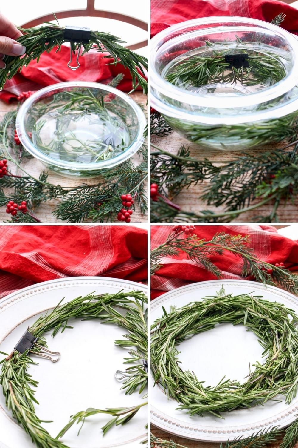 Steps showing how to bend fresh rosemary for the charcuterie wreath