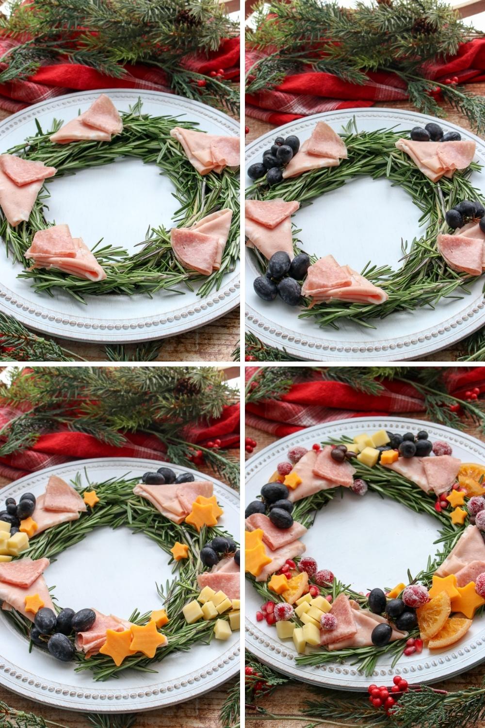 steps showing how to assemble charcuterie wreath