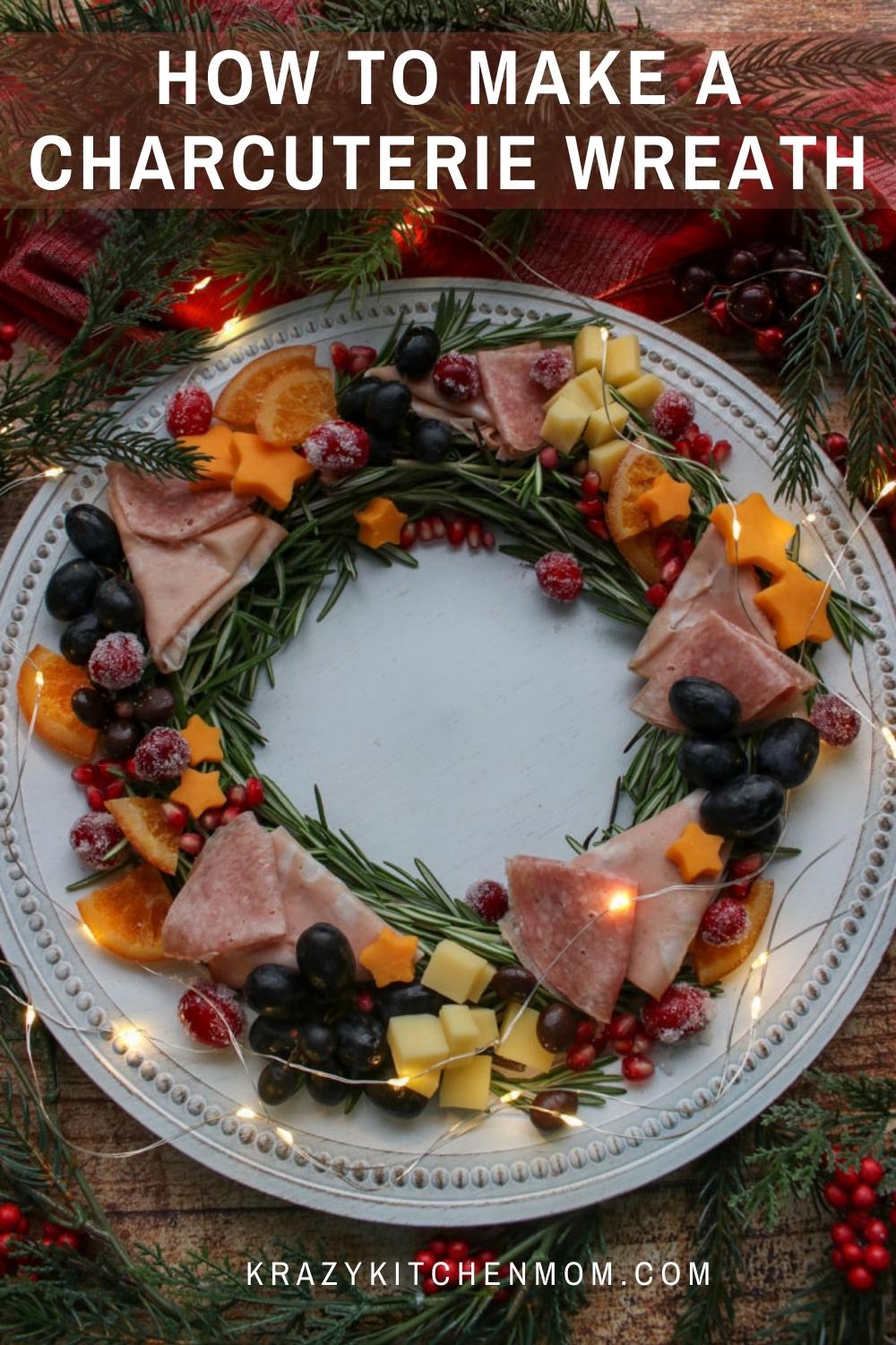 Learn how to make a festive charcuterie wreath with twinkling lights, festive colors, and everything you love about charcuterie. via @krazykitchenmom