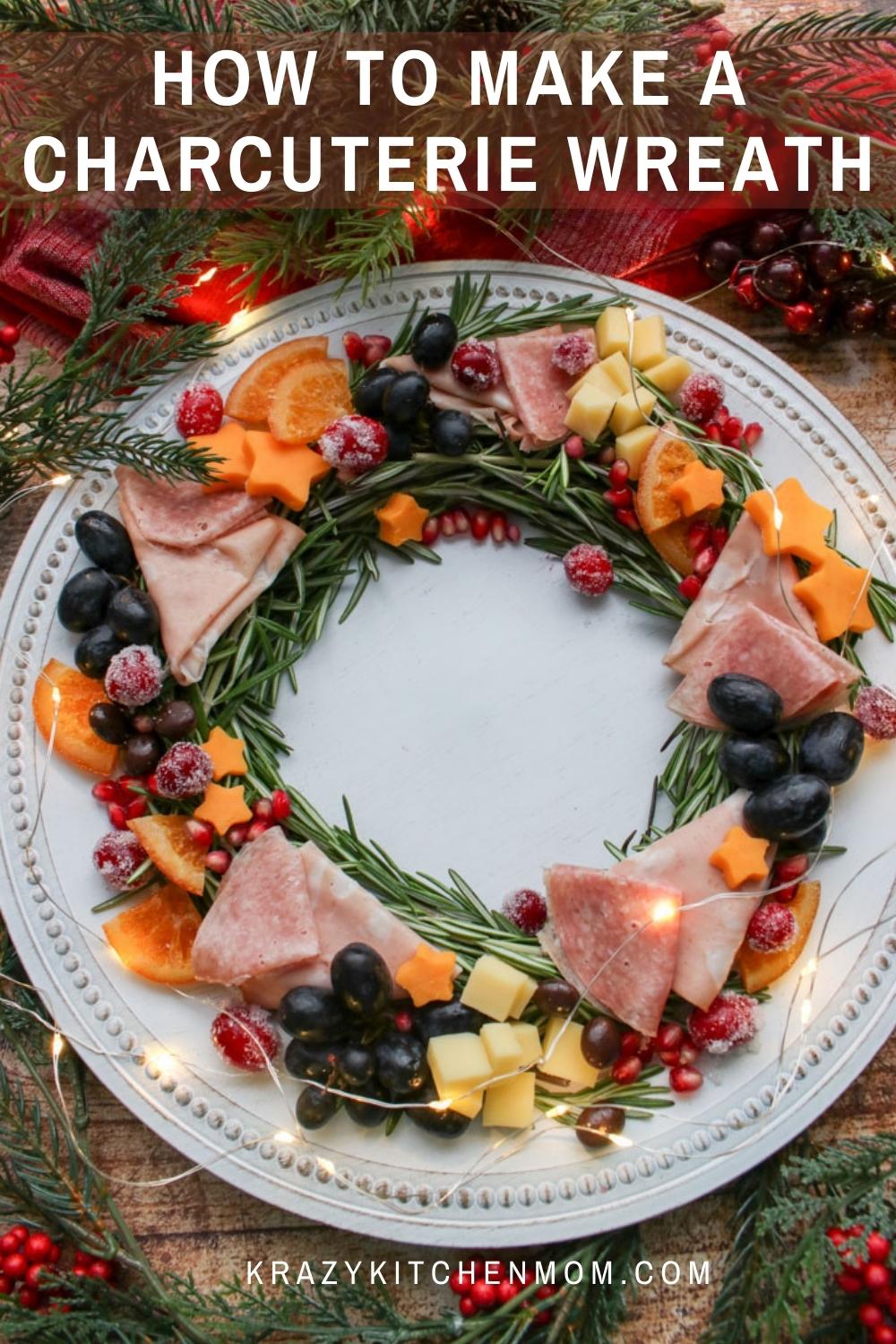 Learn how to make a festive charcuterie wreath with twinkling lights, festive colors, and everything you love about charcuterie. via @krazykitchenmom