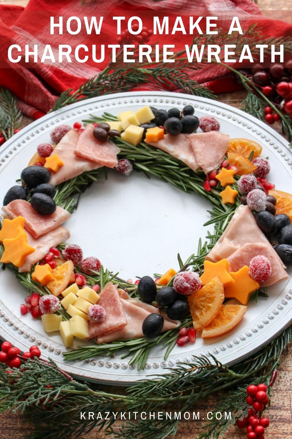 Learn how to make a festive charcuterie wreath with twinkling lights, festive colors, and everything you love about charcuterie. via @krazykitchenmom